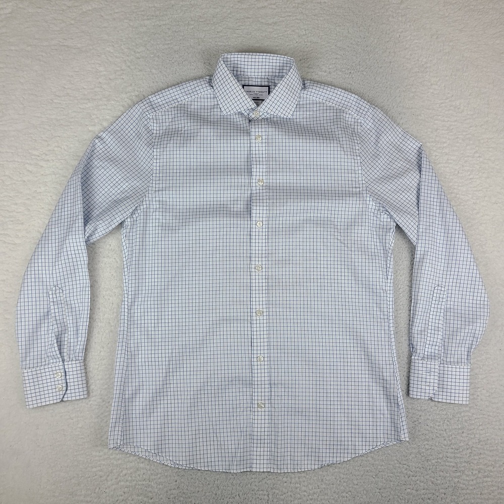 Charles Tyrwhitt Dress Shirt Mens 16 34 Blue Check Slim Fit Non Iron Button Up